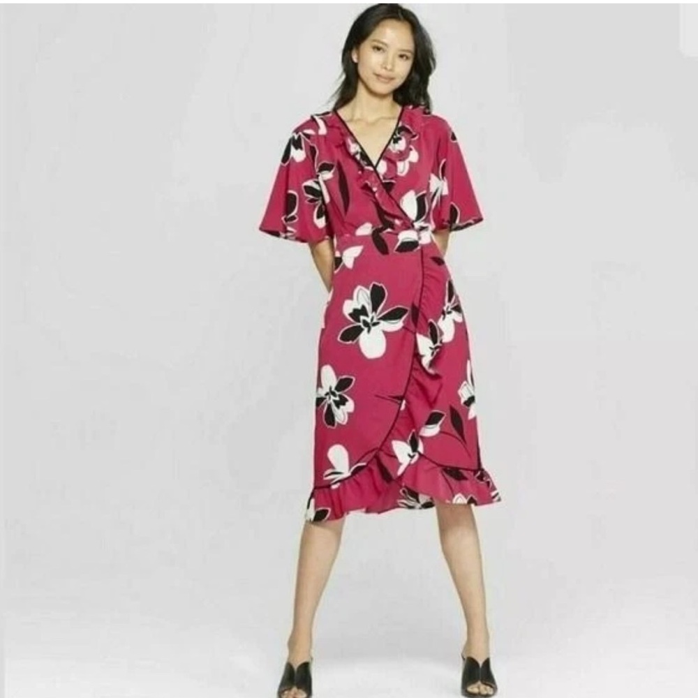 Who What Wear Wrap Dress Oriental Sarong Pink Floral Ruffle Sz Large